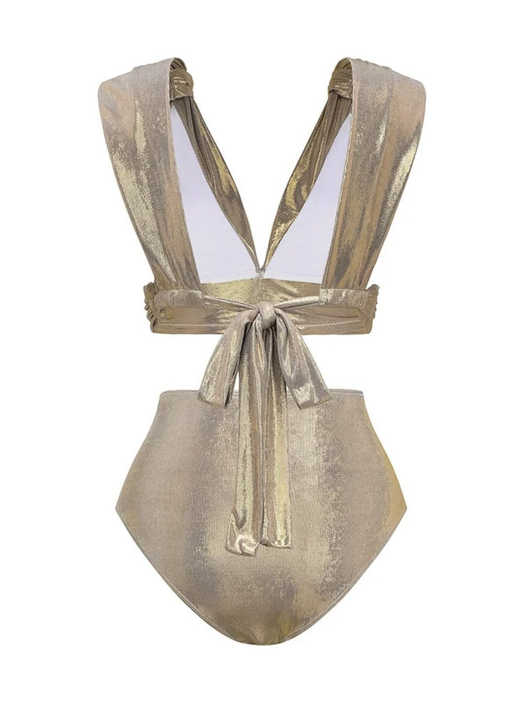 5PCS Gold 1980er Verziert Metallisch Ägyptisch-Inspiriert Bikini Set