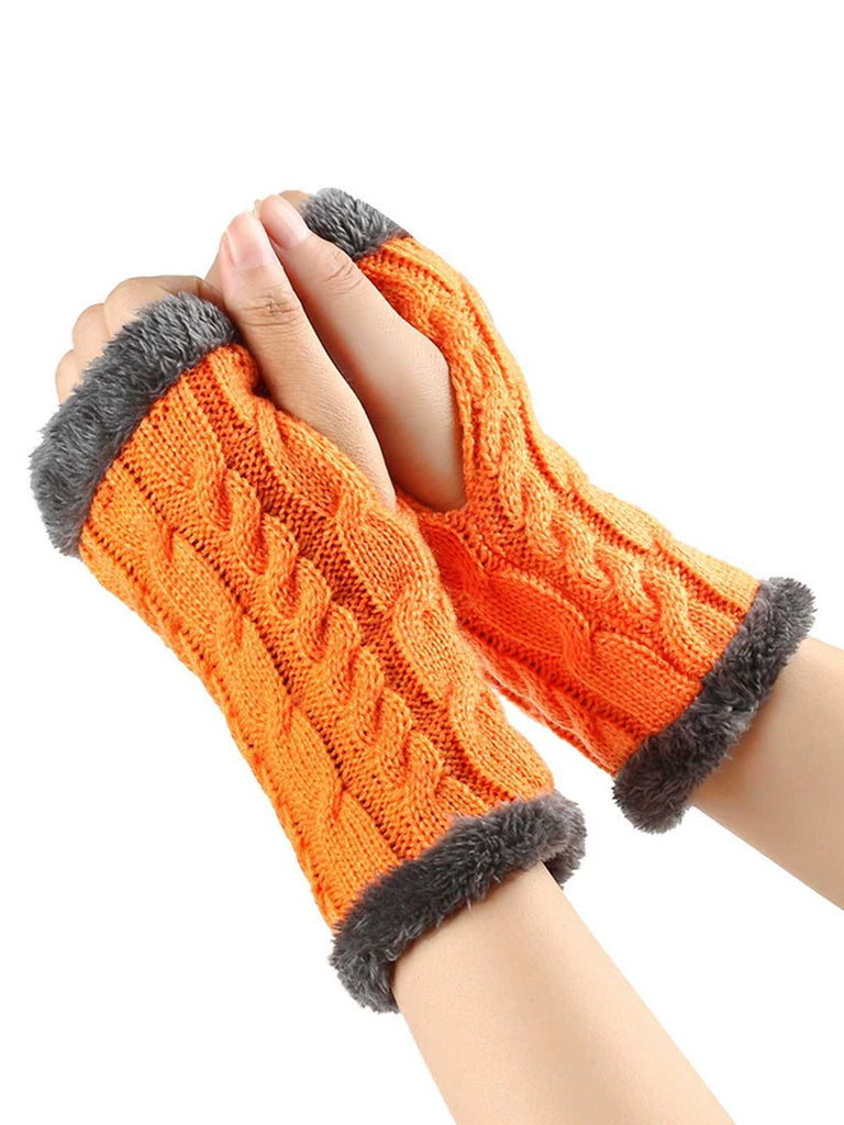 Winter Kunstpelzbesatz Stricken Fingerlos Handschuhe