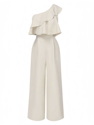 Beige 1970er Eine Schulter Stufen Rüschen Jumpsuit