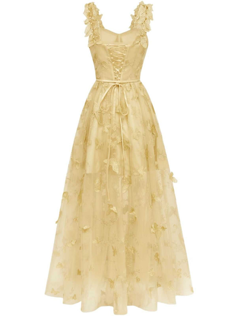 1930er Spaghetti Träger 3D Schmetterlinge Netz Maxi Kleid