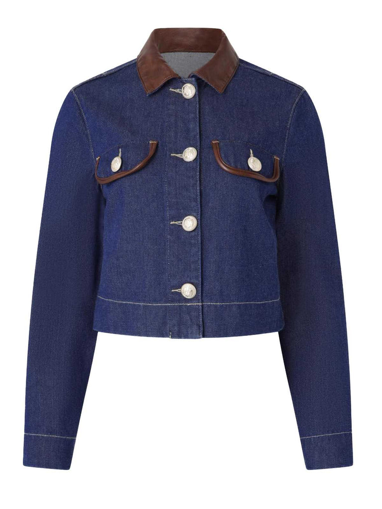 Blau 1950er Leder Rever Tasche Denim Jacke
