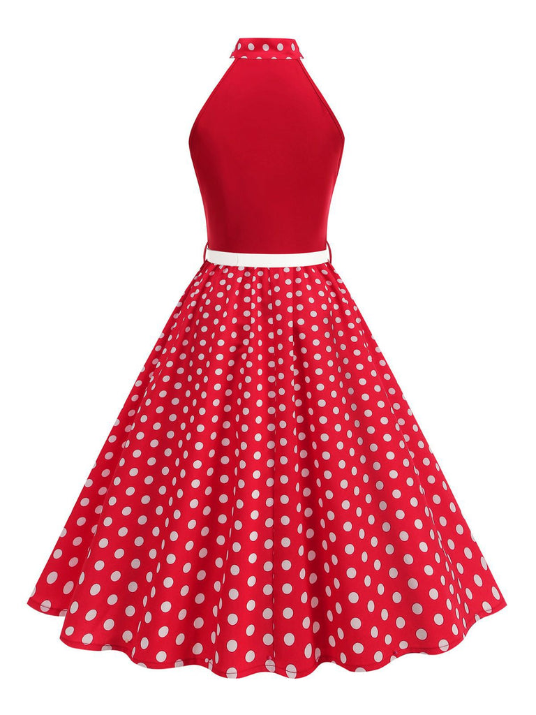 1950er Bogen Binde-Hals Polka Punkte Gürtel Kleid