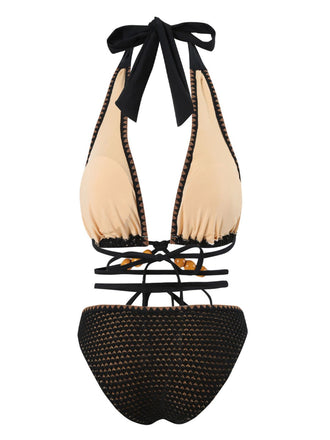 Schwarz 1960er Gestrickt Beaded Bikini Set