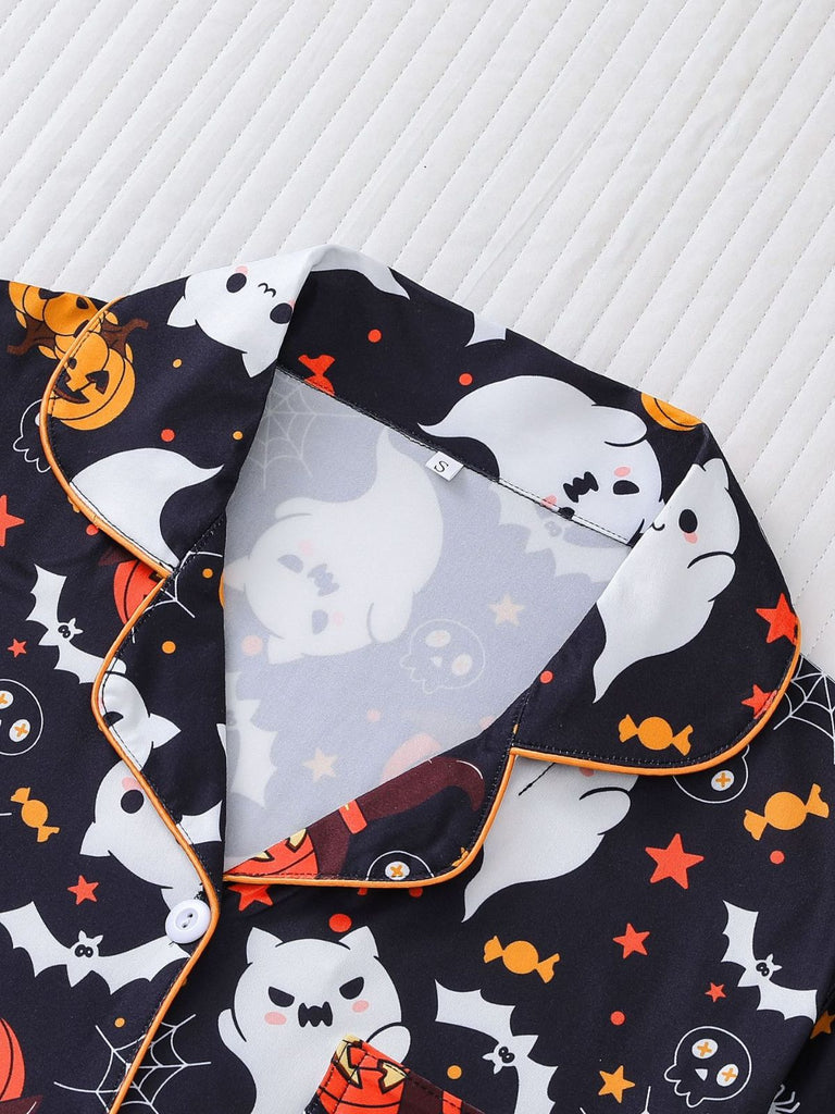Schwarz 1950er Halloween Kerbkragen Pyjama Set