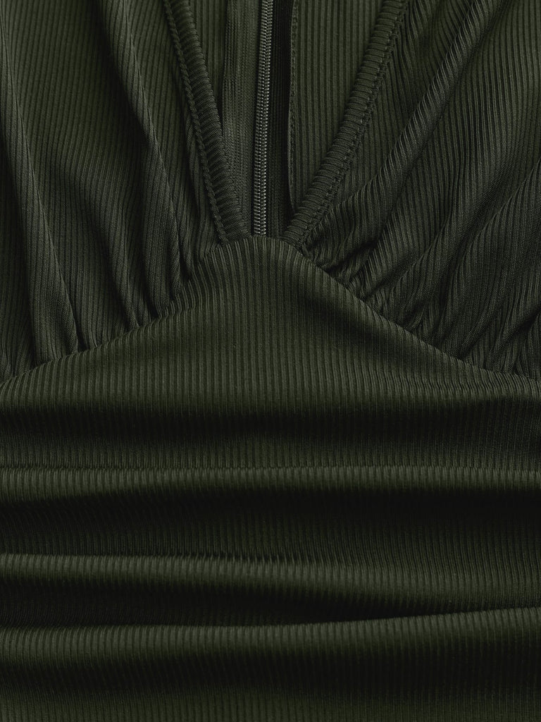 Olivgrün 1950er V-Ausschnitt Polka Dot Transparentärmel Jumpsuit