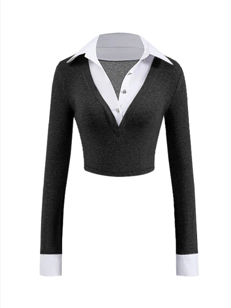 [Vorverkauf] 1960er Stricken Kontrast Fake-2PCS Bluse