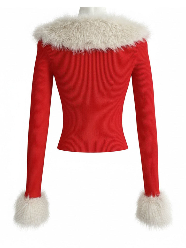 Rot 1980er Abnehmbar Pelz Kragen Bindung Stricken Strickjacke