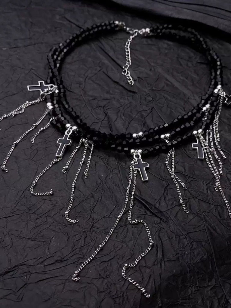Gothic Quaste Kreuzanhänger  Mehrreihige Perlenkette