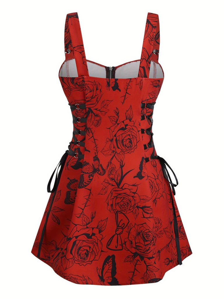 [Übergröße] 1970er Rose Blumen Steampunk Reißverschluss Kleid