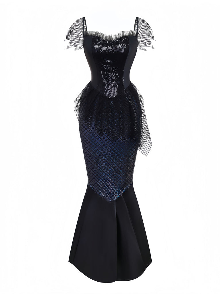 Schwarz 1930er Pailletten Meerjungfrauen Abendkleid