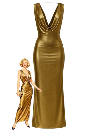 1970er Metallic Cowl Tief-V-Ausschnitt Bodycon Kleid