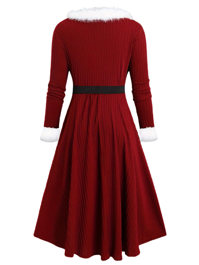 [Übergröße] Weiß 1940er Pelzkragen V-Ausschnitt Gürtel Kleid