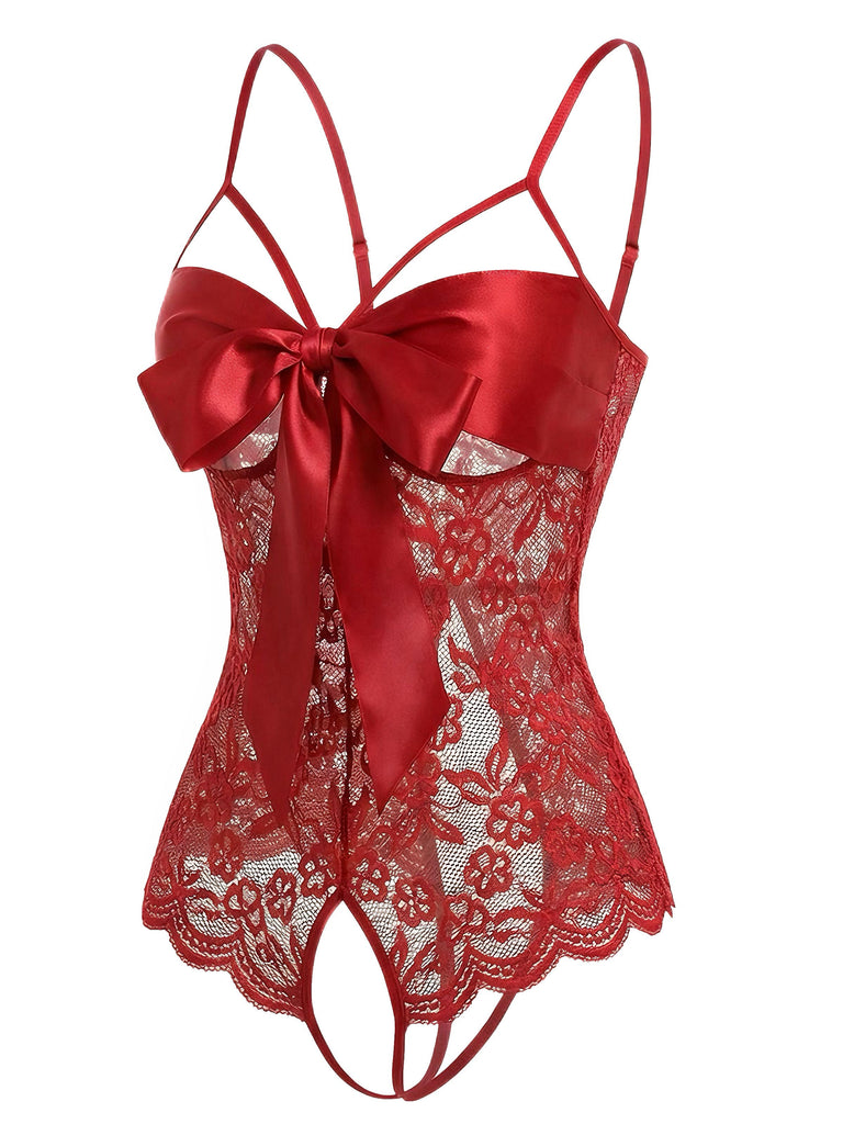 1970er Spitze Satin Bogen Verstellbar Träger Dessous