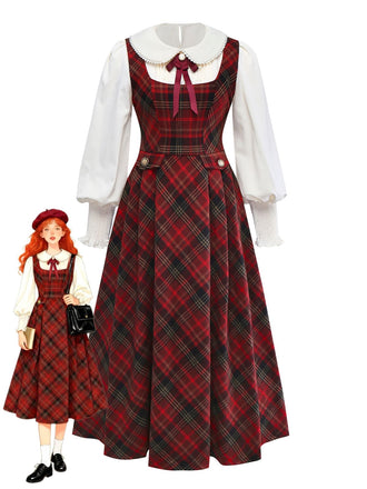 2PCS Rot 1940er Peter Pan Kragen Bluse & Plaid Swing Kleid