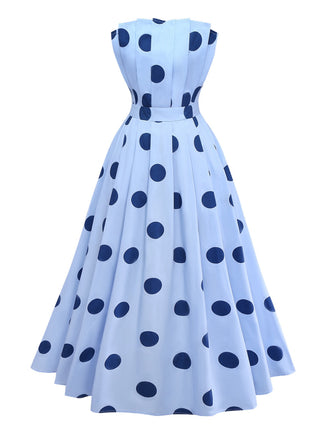 Blau 1940er Polka Punkte Trägerlos Plissiertes Kleid