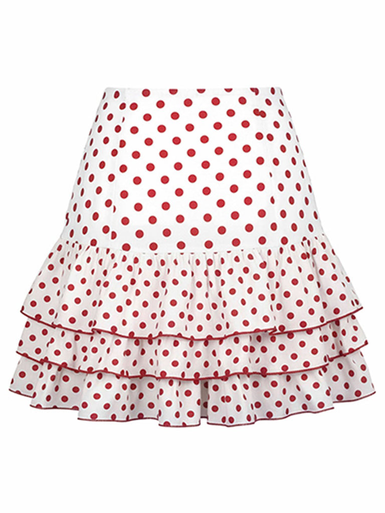 [Vorverkauf] 2PCS Rot 1960er Rüschen Rose Stricken Top & Polka Dot Rock