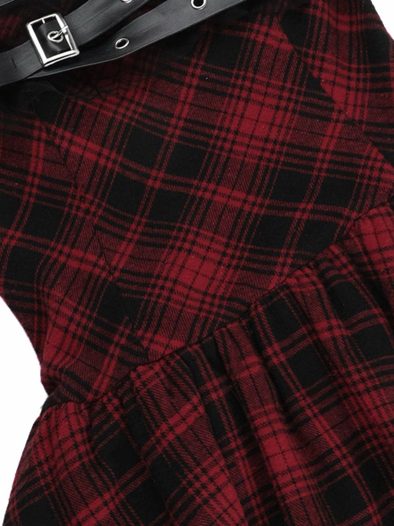 Rot 1970er Spinnennetz Netz Tartan Trägerlos Kleid
