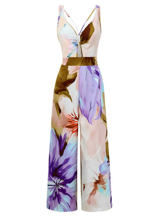 1970er Träger V-Ausschnitt Blumen Gesmokt Jumpsuit