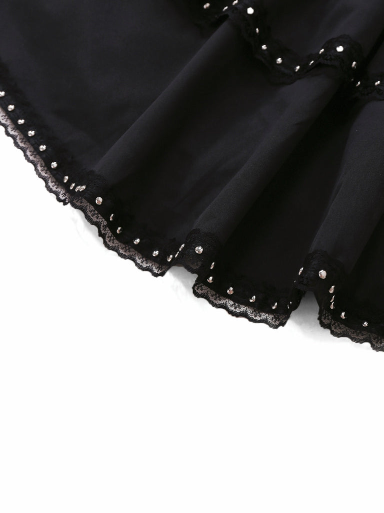 Schwarz 1980er Gothic Geschichtet Spitze Spaghetti-Träger Kleid