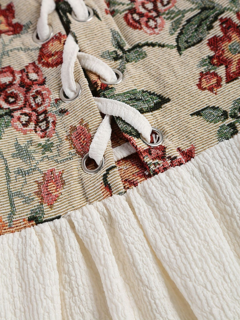 [Übergröße] Beige 1940er Blumen Rüschenärmel Patchwork Kleid