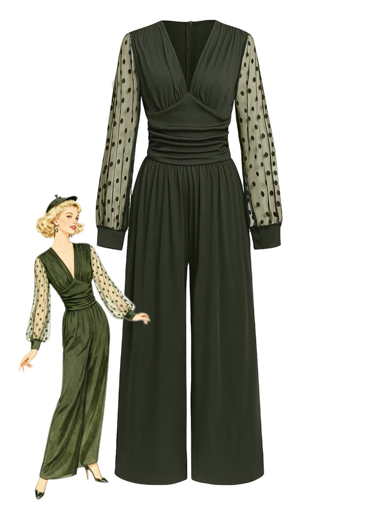Olivgrün 1950er V-Ausschnitt Polka Dot Transparentärmel Jumpsuit
