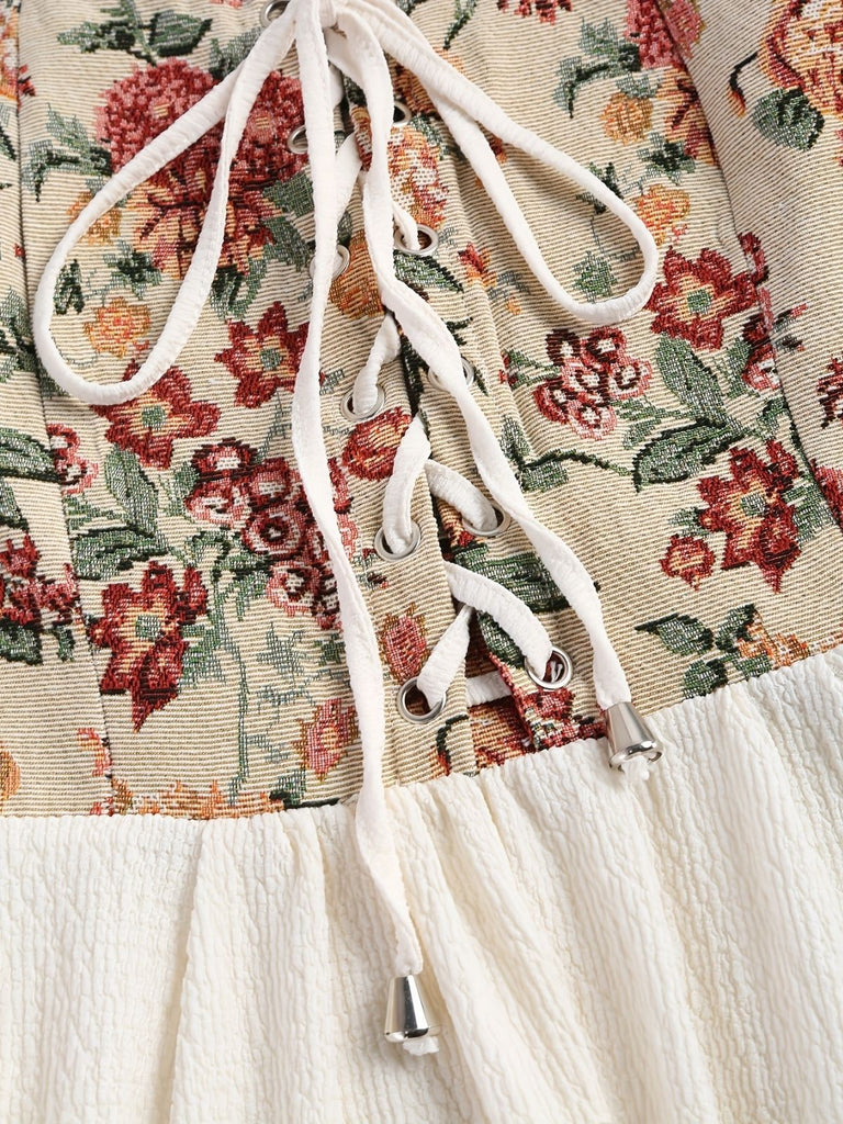 [Übergröße] Beige 1940er Blumen Rüschenärmel Patchwork Kleid