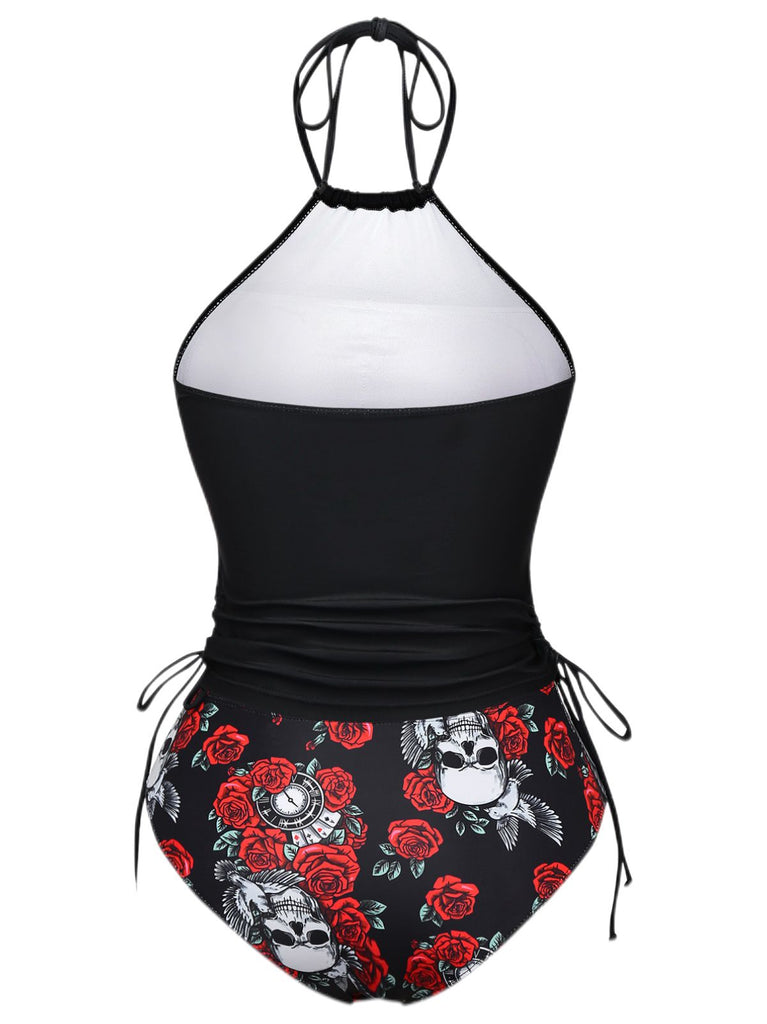 Schwarz 1980er Steampunk Halter Skeleton Rose Bademode