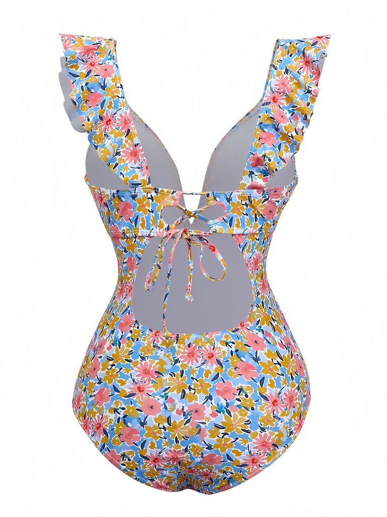 1950er Rüschen Kleine Blumen Tief V-Ausschnitt Badeanzug