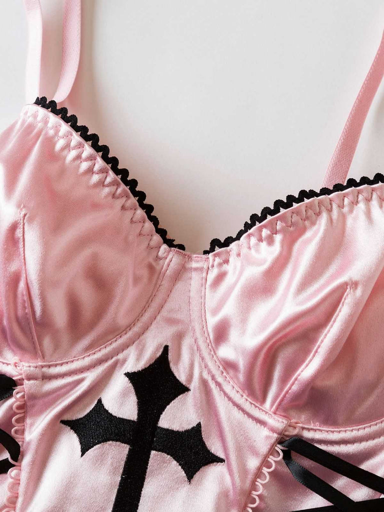 Rosa 1970er Kreuzen Gothic Satin Schnürung Leibchen