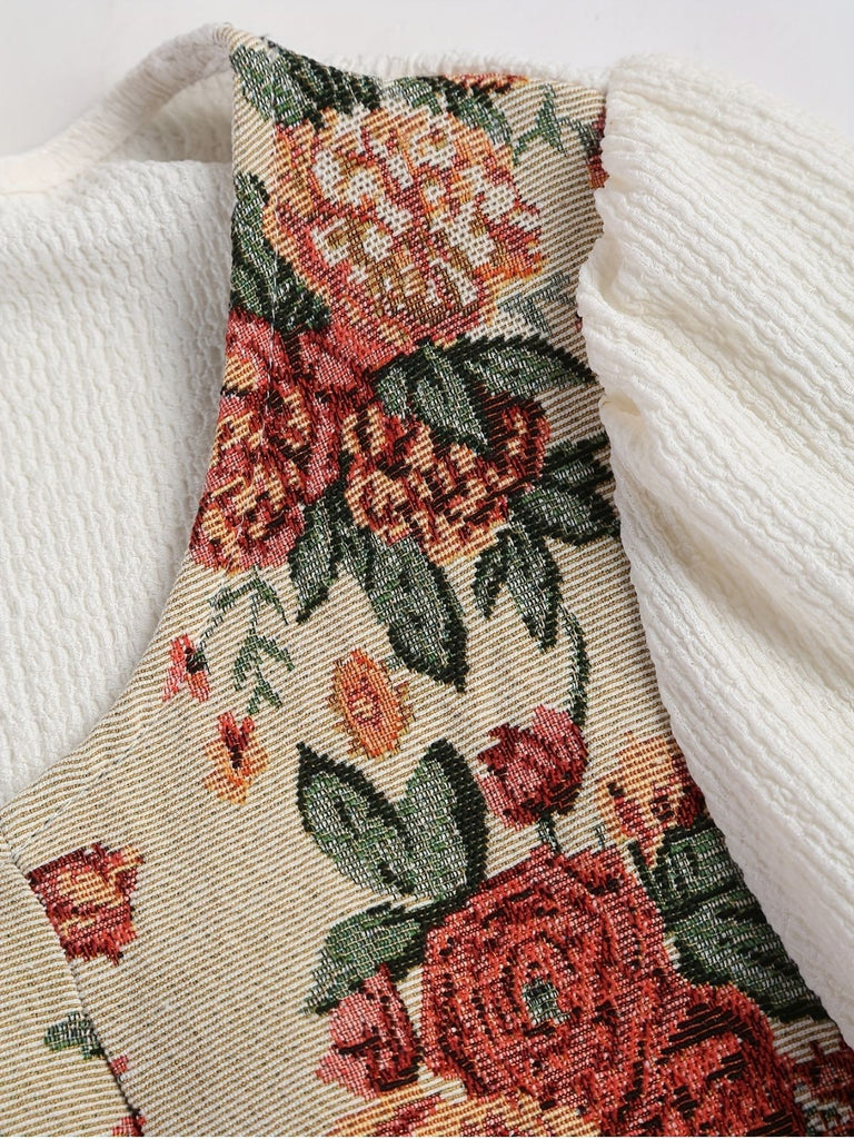 [Übergröße] Beige 1940er Blumen Rüschenärmel Patchwork Kleid