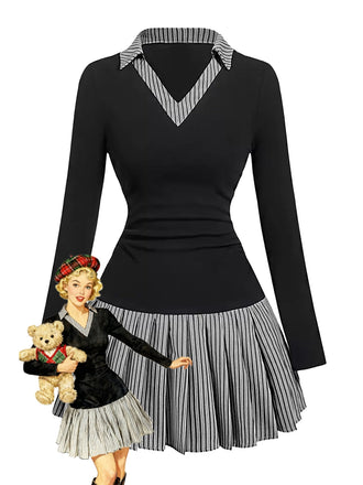 1960er V-Ausschnitt Streifen Plissiert Fake Zweiteiler Kleid