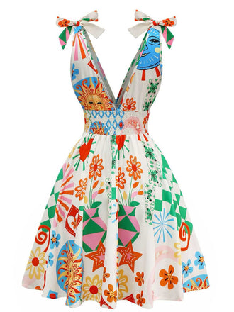 1970er V-Ausschnitt Boho Gesmokt Ärmellos Kleid