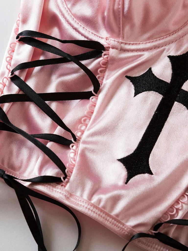 Rosa 1970er Kreuzen Gothic Satin Schnürung Leibchen