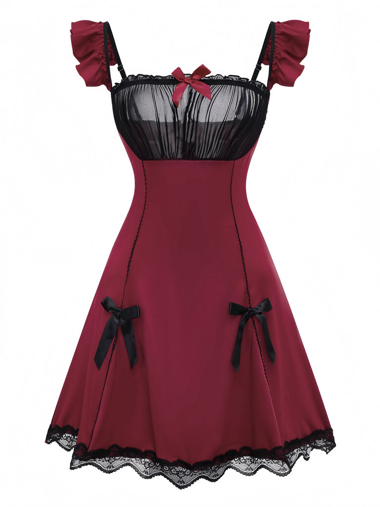 Rot 1960er Bogen Spitze Patchwork Rüschen Nachthemd