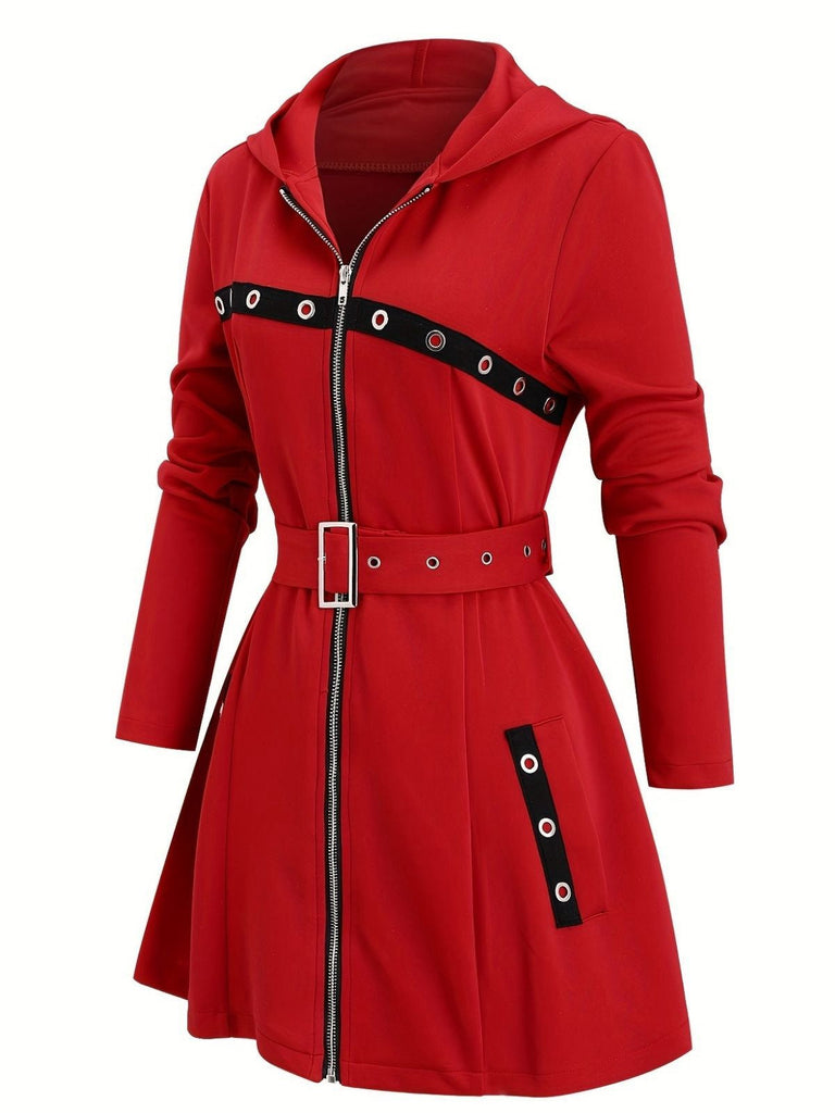 1960er Punk Hooded Zipper Gürtel Midi Jacke