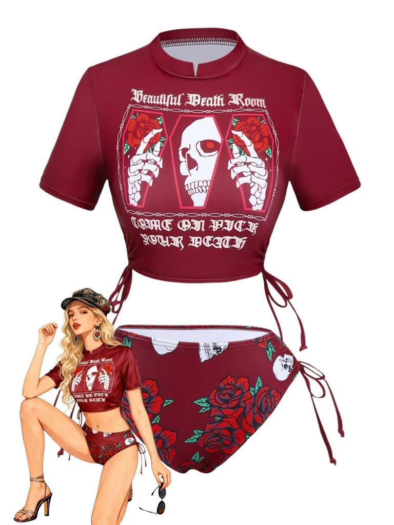 1980er Totenkopf Rose Grafik Tankini Set