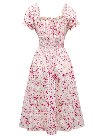 Rosa 1940er V-Ausschnitt Blumen Puffärmel Kleid