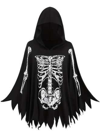 Schwarz 1970er Skeleton Knochen Drucken Cape Mit Kapuze