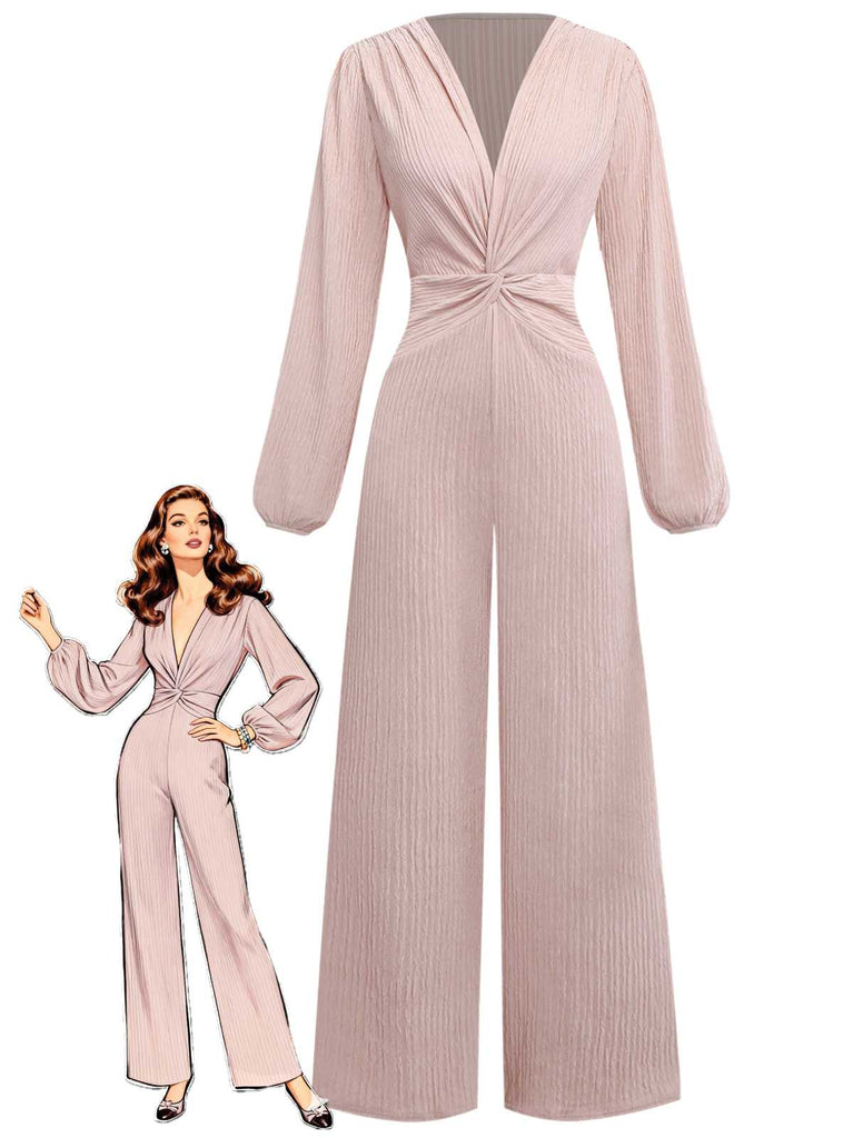 1970er Solide V-Ausschnitt Twist Langarm Jumpsuit