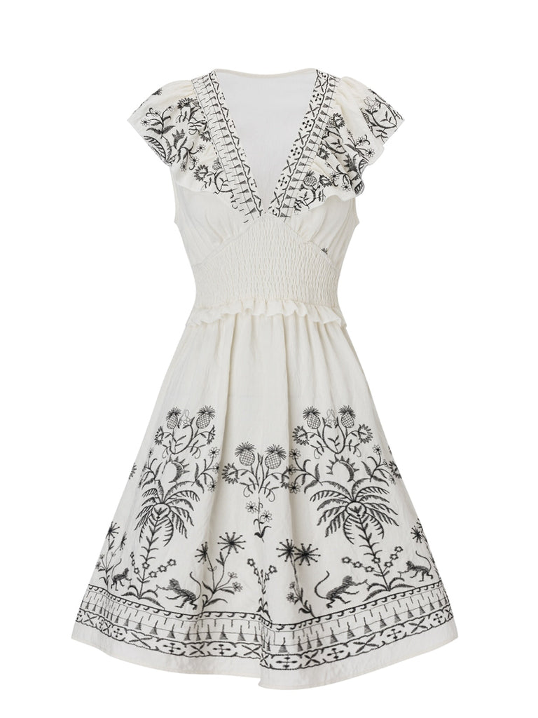 Weiß 1970er V-Ausschnitt Blumen Boho Rüschen Kleid