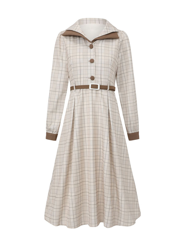 Beige 1940er Kariert Gürtel Knopf Hemd Kleid