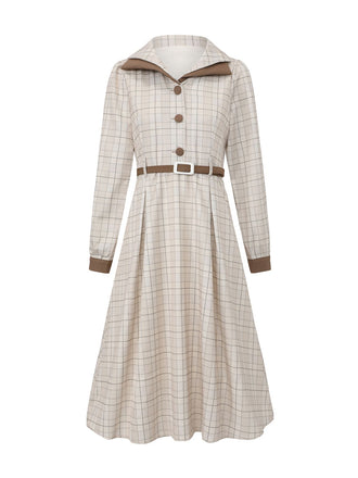 Beige 1940er Kariert Gürtel Knopf Hemd Kleid