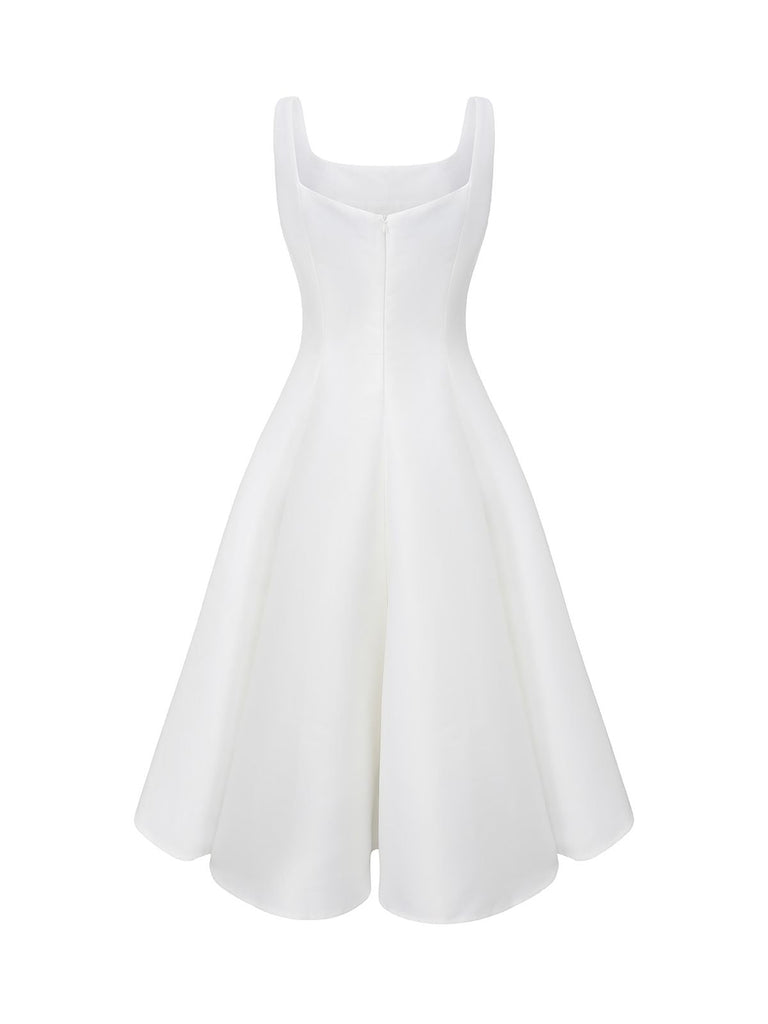 Weiß 1950er Solide Breit Gurt Abend Kleid