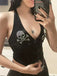 Schwarz 1950er Punk Halter Strassstein Schädel Taste Crop Top
