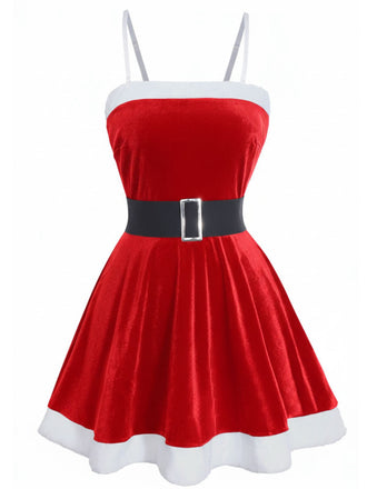 Rot 1970er Weihnachten Samt Plüsch Spaghetti Träger Mini Kleid