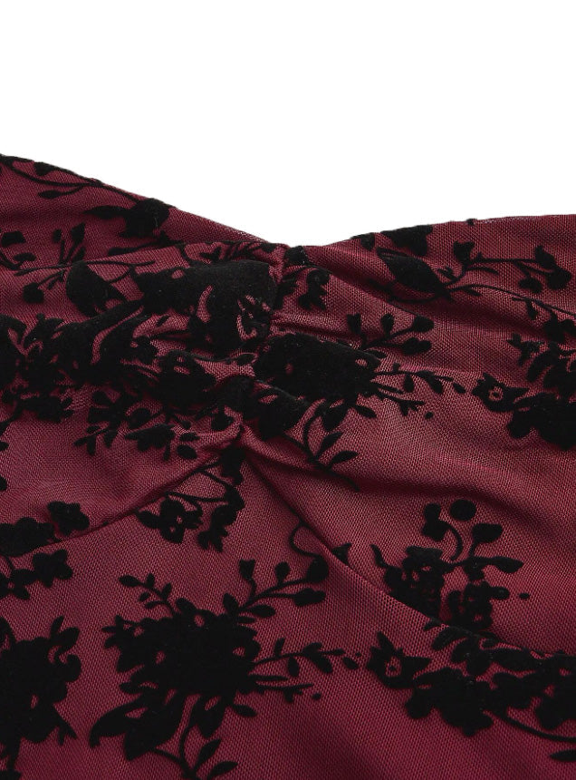 [Vorverkauf] Weinrot 1950er Spitze Blumen Bischofsärmel Kleid