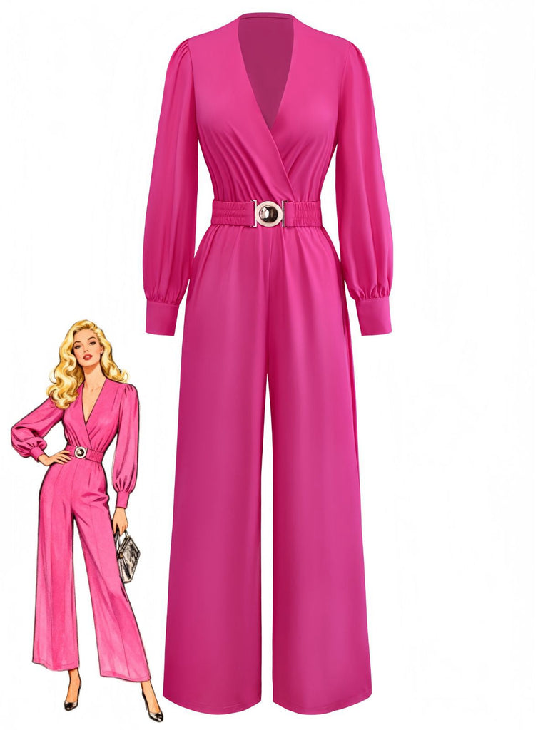 Rosa 1960er Solide Tiefer V Gürtel Laternenärmel Jumpsuit
