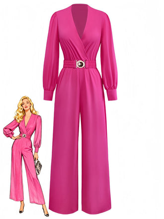 Rosa 1960er Solide Tiefer V Gürtel Laternenärmel Jumpsuit