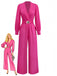 Rosa 1960er Solide Tiefer V Gürtel Laternenärmel Jumpsuit
