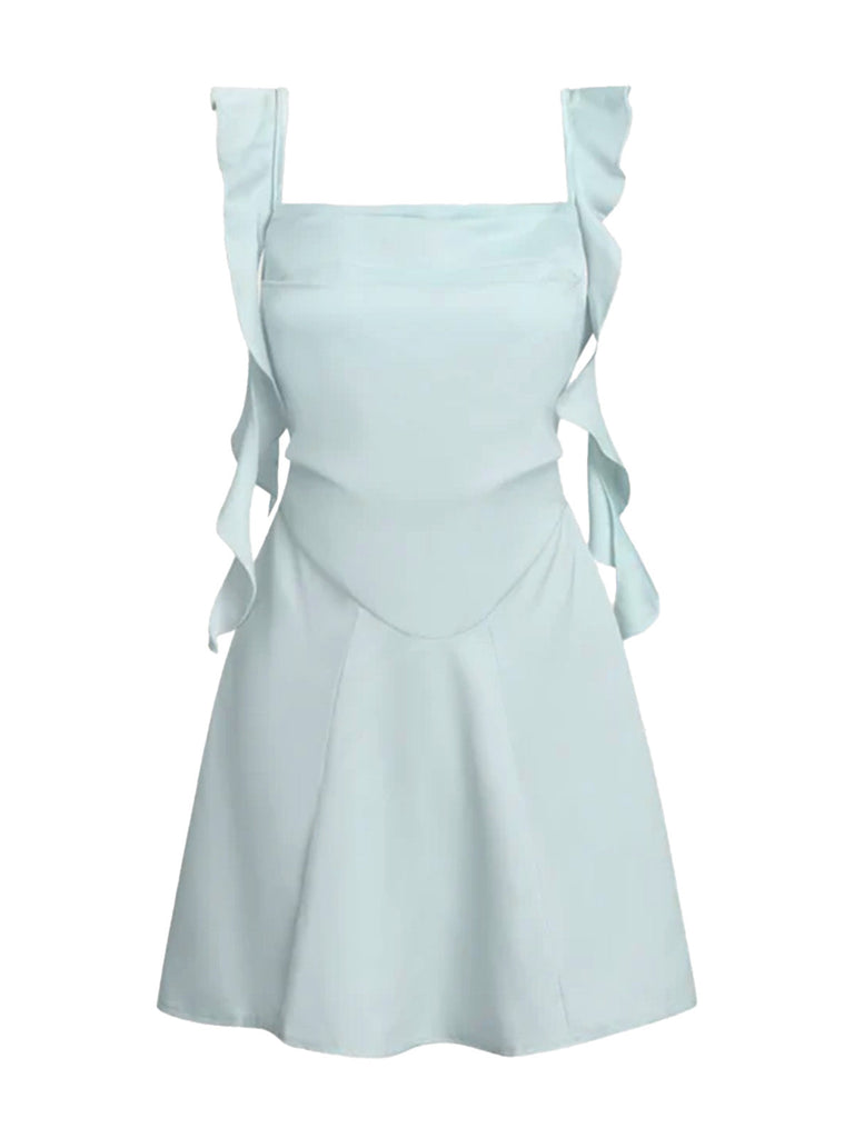 1980er Solide Rüschen Träger Quadratischer Hals Kleid